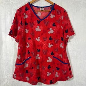 Disney Scrub Top XL Red White Blue Mickey Mouse Heads Patriotic 4th of July Star
